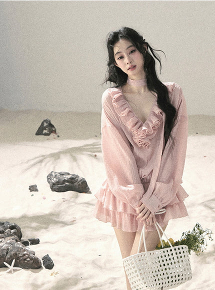 Feathered Silence Mini Dress Set - Pink
