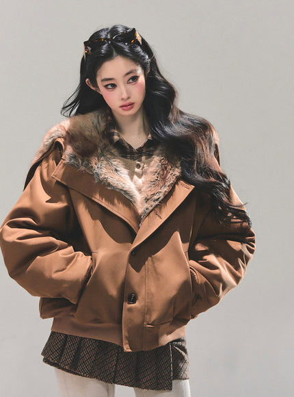 Faux Fur Trim Volume Jacket - Brown