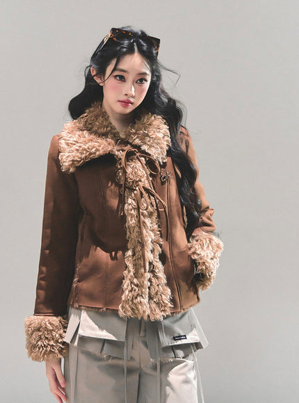 Furry Ribbon Charm Jacket - Brown