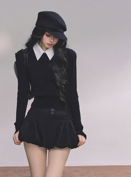 Preppy Layered Crop Knit - Black