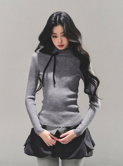 Ribbon Tie Turtleneck Knit - Gray