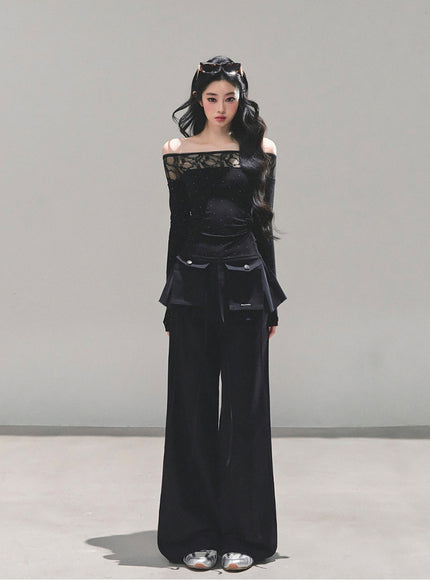 Utility Strap Wide-Leg Pants - Black