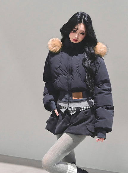 Minimal Fur Hood Puffer Jacket - Black