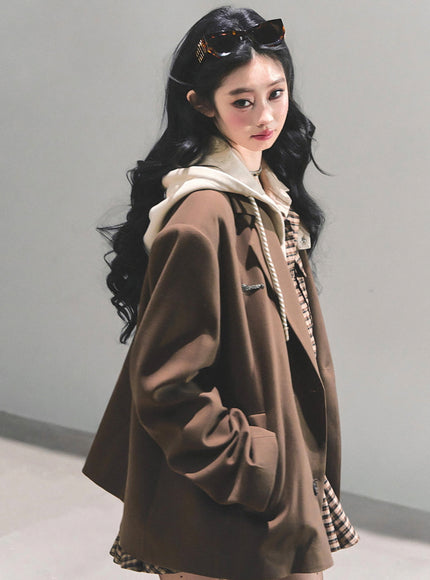 Urban Hooded Oversize Blazer - Brown