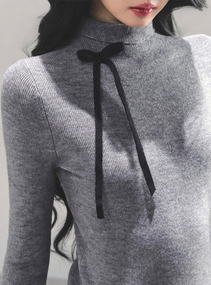 Ribbon Tie Turtleneck Knit - Gray