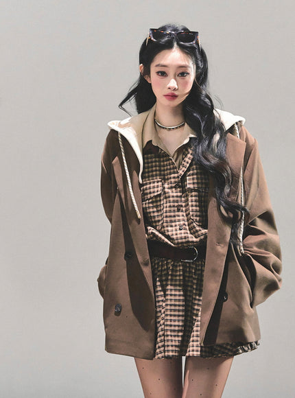 Urban Hooded Oversize Blazer - Brown