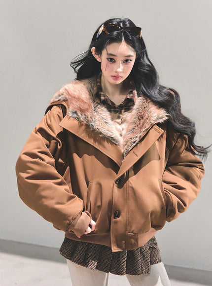 Faux Fur Trim Volume Jacket - Brown