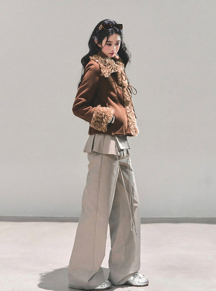 Furry Ribbon Charm Jacket - Brown