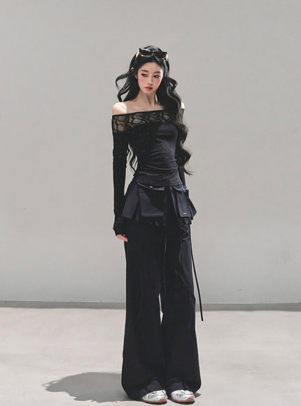 Utility Strap Wide-Leg Pants - Black