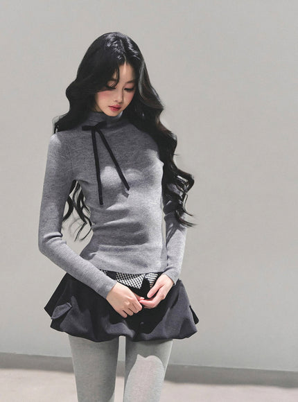 Ribbon Tie Turtleneck Knit - Gray