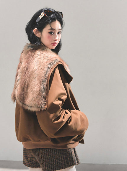 Faux Fur Trim Volume Jacket - Brown