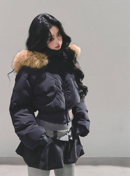 Minimal Fur Hood Puffer Jacket - Black