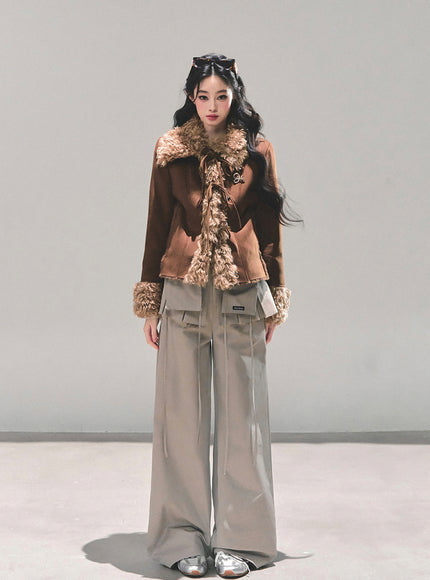 Furry Ribbon Charm Jacket - Brown