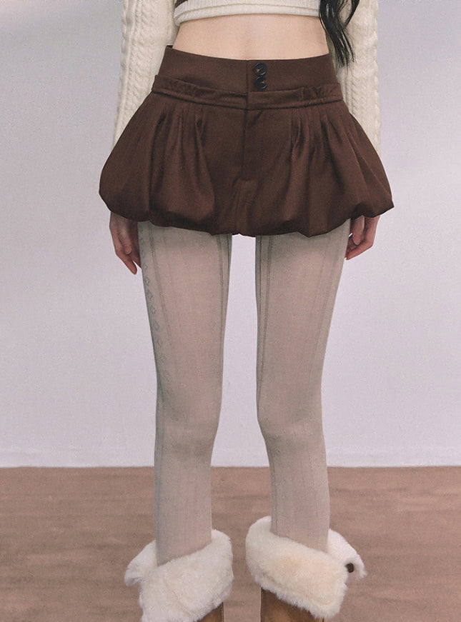Bubble Hem Mini Skort - Brown
