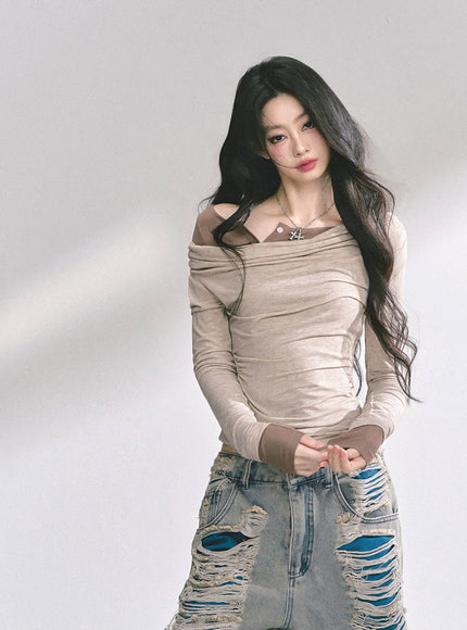 Off-Shoulder Slim Fit Top - Kahki