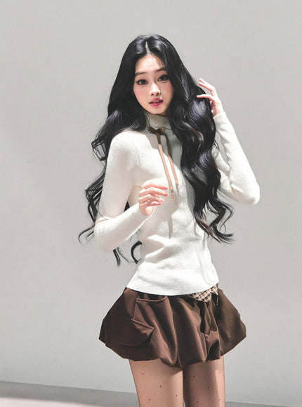 Ribbon Tie Turtleneck Knit - Apricot