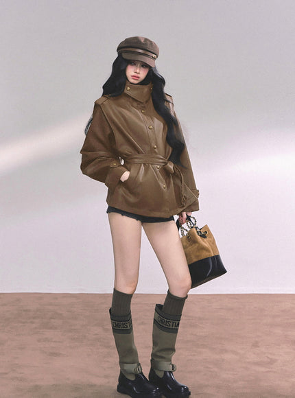 Command Charm Leather Jacket - Brown