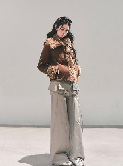 Furry Ribbon Charm Jacket - Brown