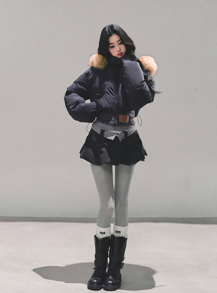 Minimal Fur Hood Puffer Jacket - Black