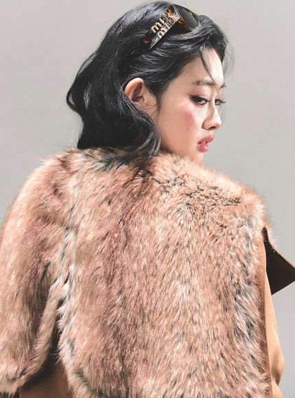 Faux Fur Trim Volume Jacket - Brown