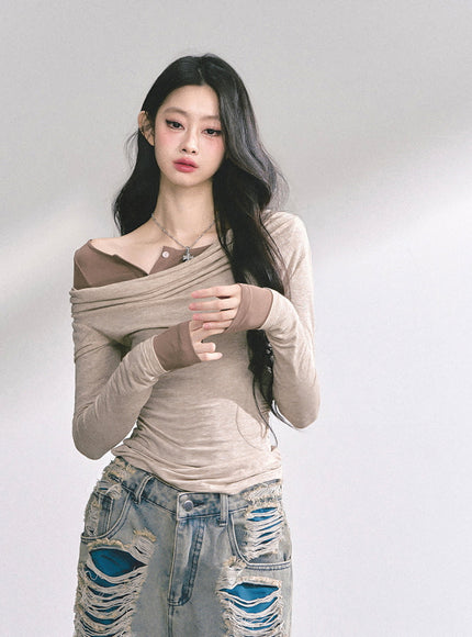 Off-Shoulder Slim Fit Top - Kahki