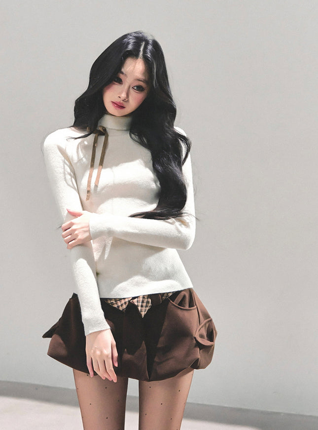 Ribbon Tie Turtleneck Knit - Apricot