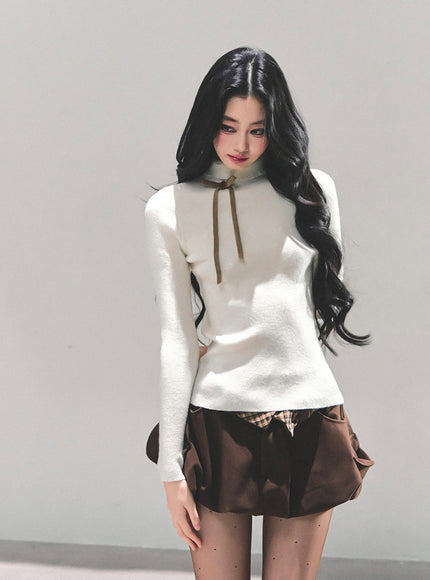 Ribbon Tie Turtleneck Knit - Apricot