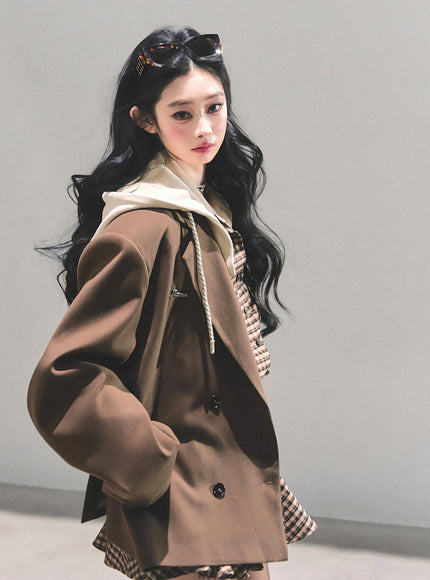 Urban Hooded Oversize Blazer - Brown