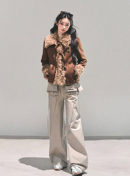 Furry Ribbon Charm Jacket - Brown