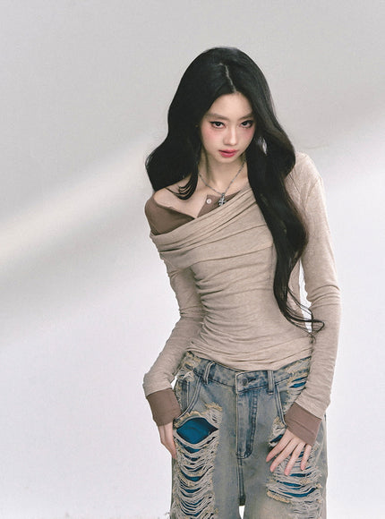 Off-Shoulder Slim Fit Top - Kahki