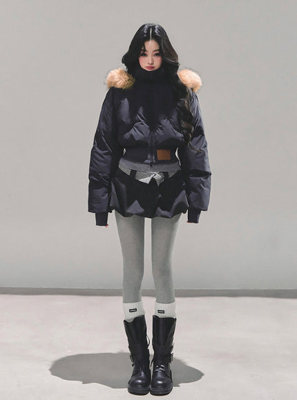 Minimal Fur Hood Puffer Jacket - Black