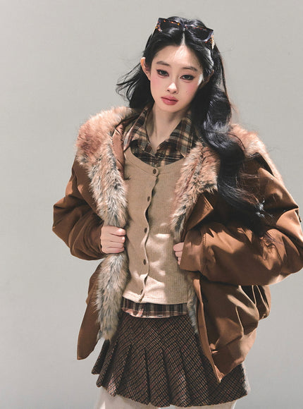 Faux Fur Trim Volume Jacket - Brown