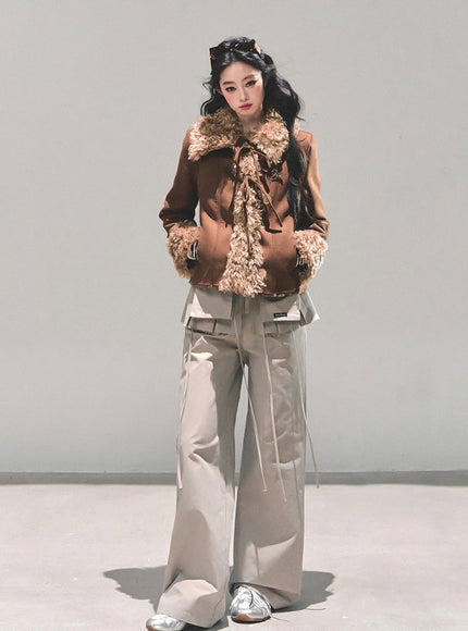 Furry Ribbon Charm Jacket - Brown