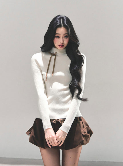 Ribbon Tie Turtleneck Knit - Apricot