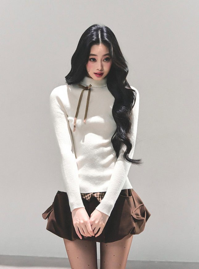 Ribbon Tie Turtleneck Knit - Apricot