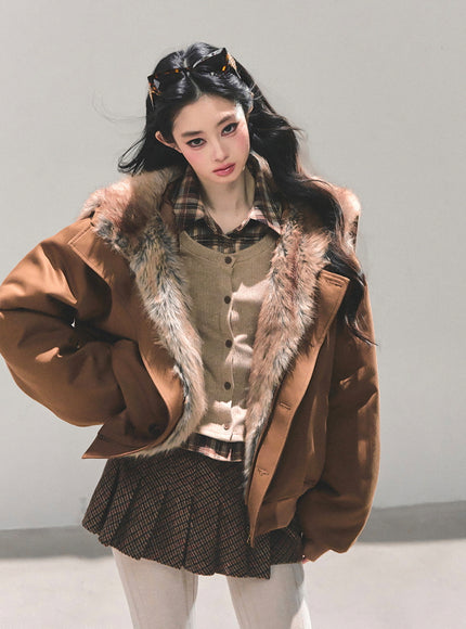 Faux Fur Trim Volume Jacket - Brown