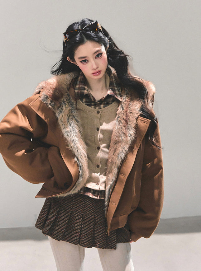 Faux Fur Trim Volume Jacket - Brown