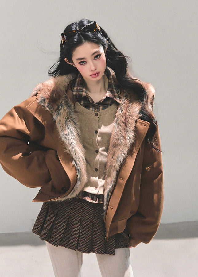 Faux Fur Trim Volume Jacket - Brown