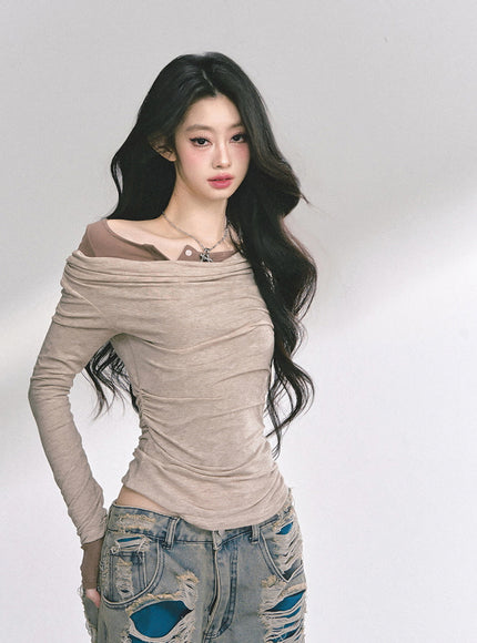Off-Shoulder Slim Fit Top - Kahki