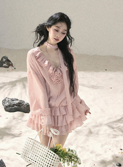 Feathered Silence Mini Dress Set - Pink