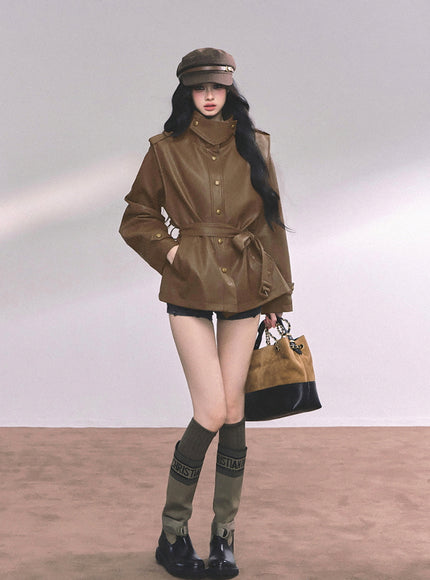 Command Charm Leather Jacket - Brown