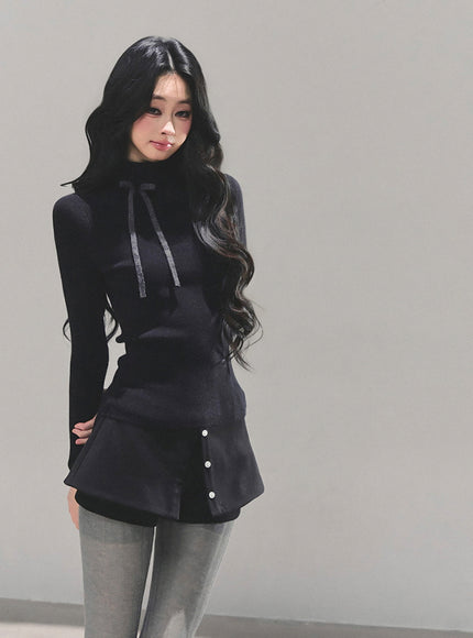 Ribbon Tie Turtleneck Knit - Black