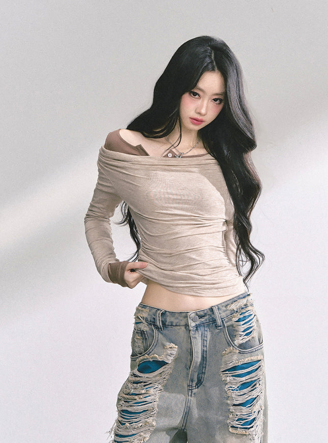 Off-Shoulder Slim Fit Top - Kahki