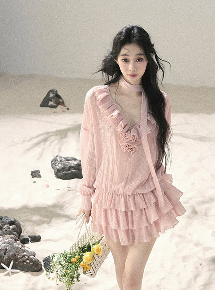 Feathered Silence Mini Dress Set - Pink