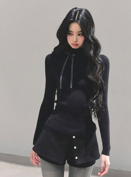 Ribbon Tie Turtleneck Knit - Black