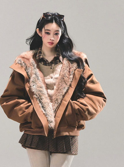 Faux Fur Trim Volume Jacket - Brown