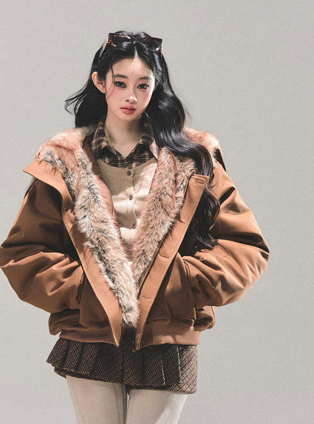 Faux Fur Trim Volume Jacket - Brown