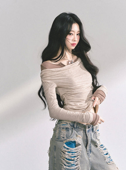 Off-Shoulder Slim Fit Top - Kahki