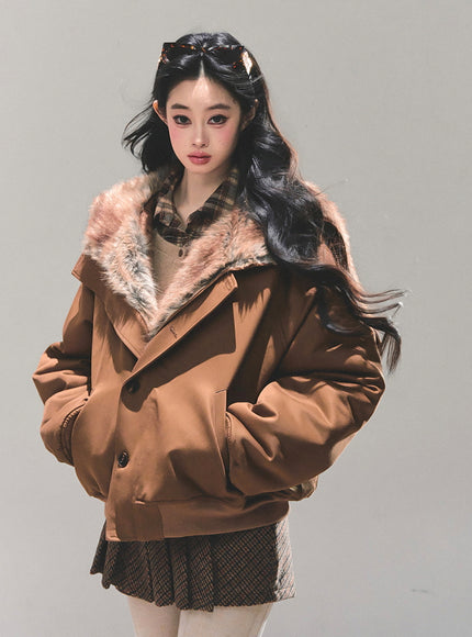 Faux Fur Trim Volume Jacket - Brown