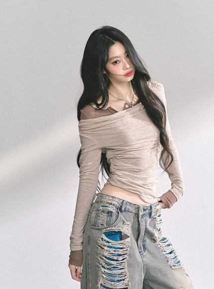 Off-Shoulder Slim Fit Top - Kahki